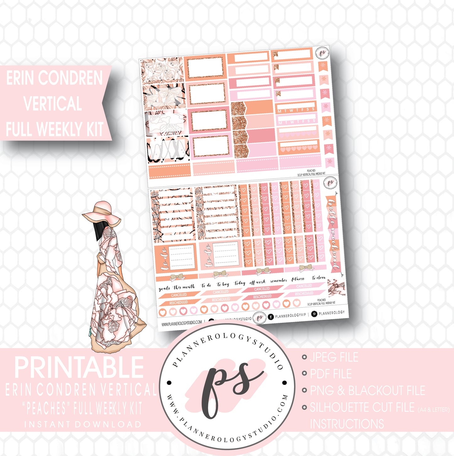 Peaches Full Weekly Kit Printable Planner Stickers (for use with ECLP Vertical) - Plannerologystudio