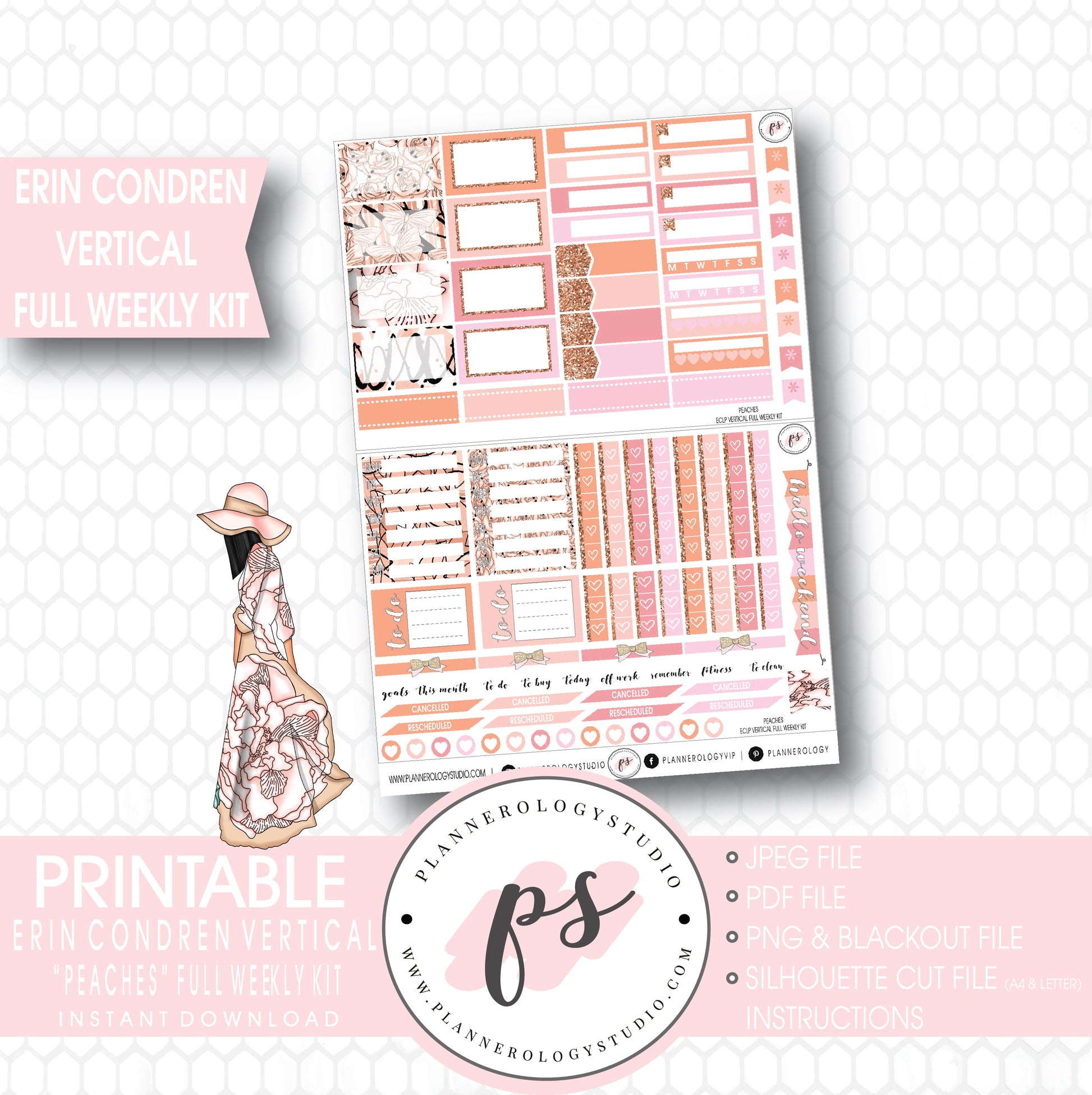 Peaches Full Weekly Kit Printable Planner Stickers (for use with ECLP Vertical) - Plannerologystudio