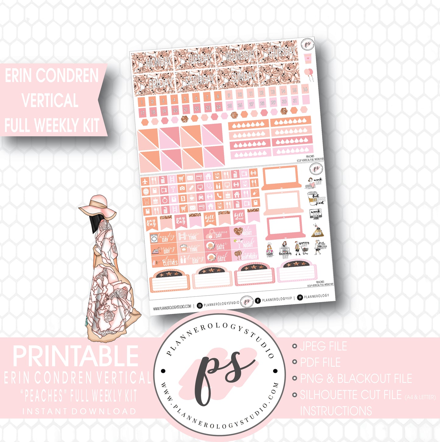 Peaches Full Weekly Kit Printable Planner Stickers (for use with ECLP Vertical) - Plannerologystudio