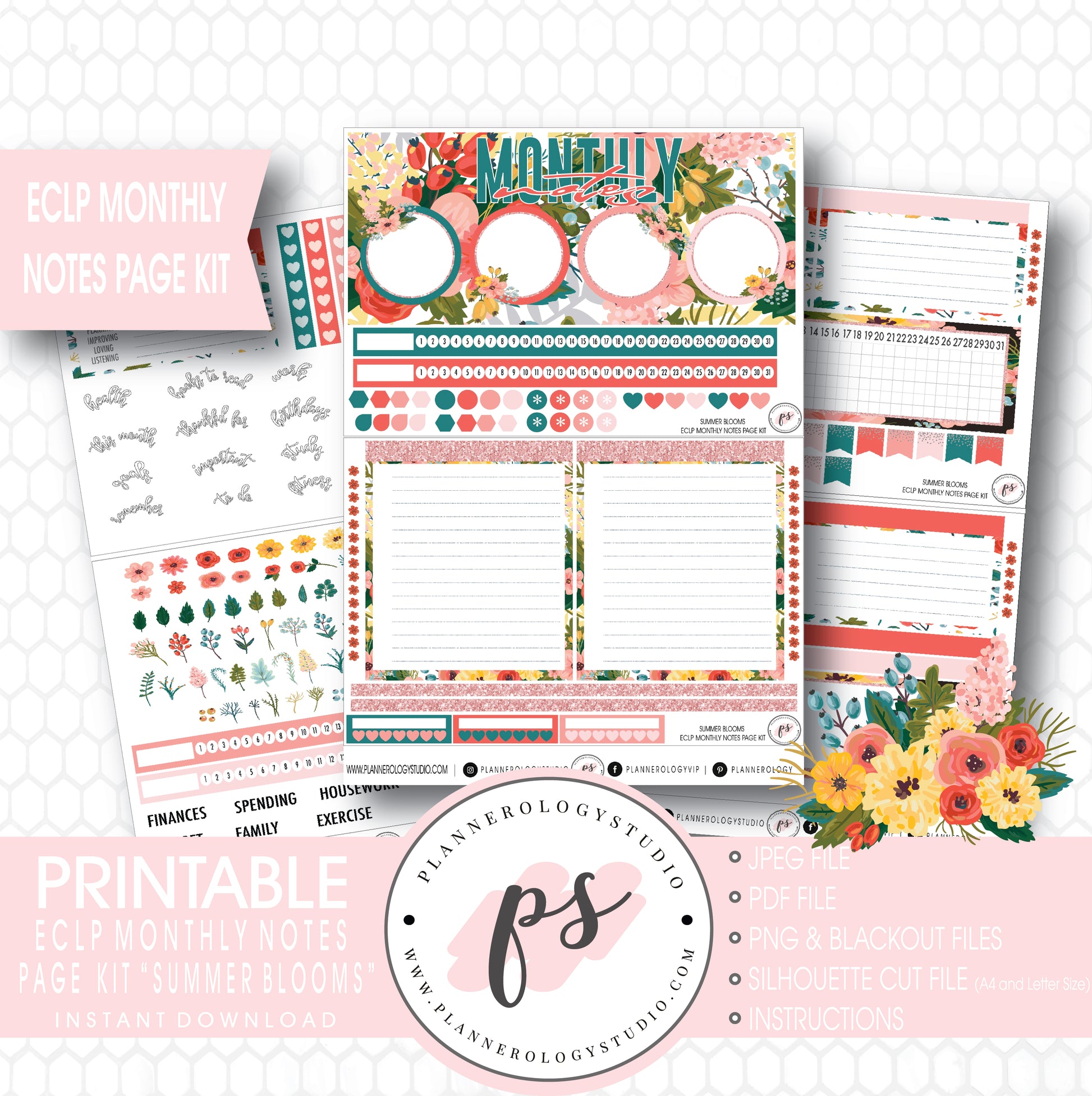 Summer Blooms Monthly Notes Page Kit Digital Printable Planner Stickers (for use with ECLP) - Plannerologystudio