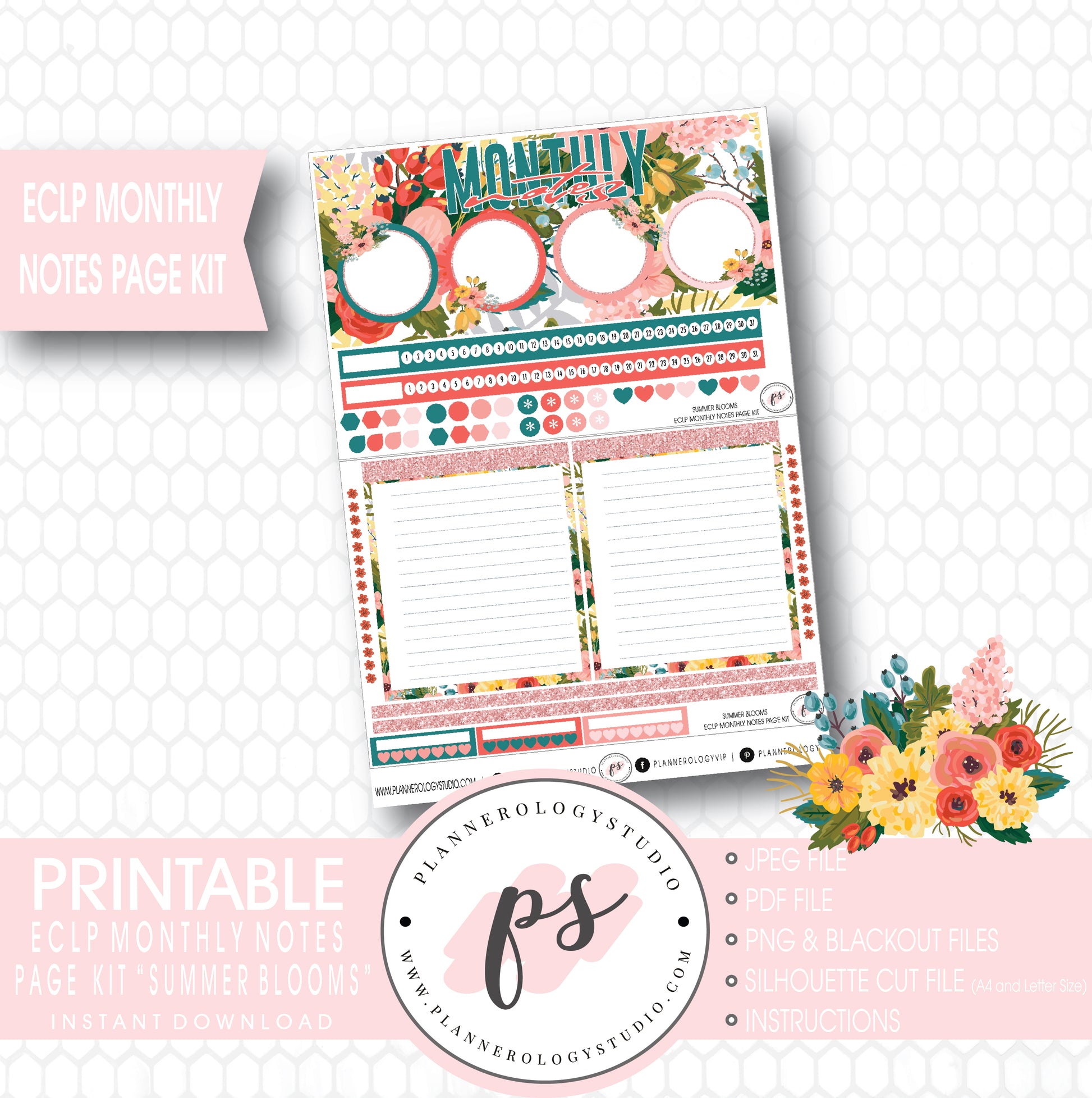 Summer Blooms Monthly Notes Page Kit Digital Printable Planner Stickers (for use with ECLP) - Plannerologystudio