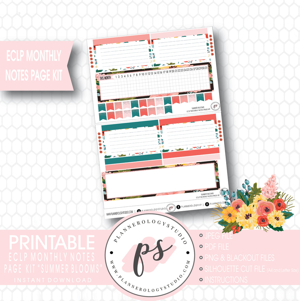 Summer Blooms Monthly Notes Page Kit Digital Printable Planner Stickers (for use with ECLP) - Plannerologystudio