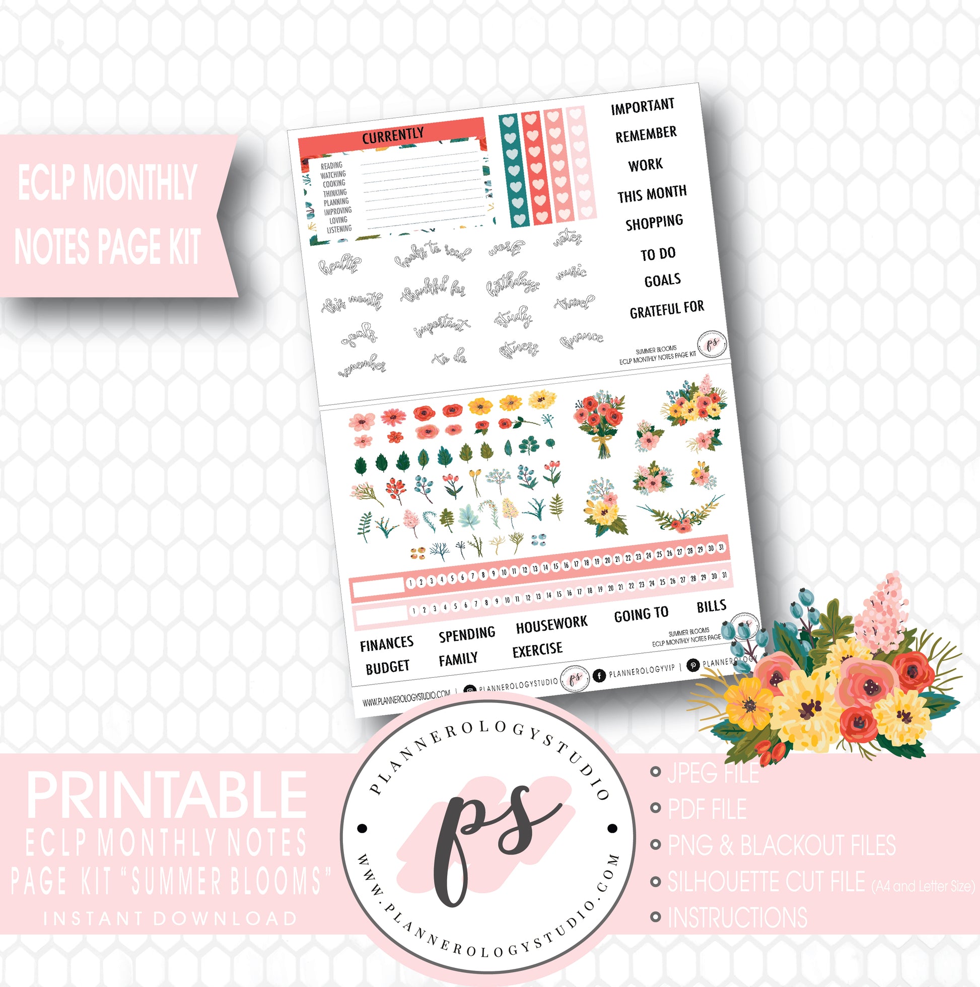 Summer Blooms Monthly Notes Page Kit Digital Printable Planner Stickers (for use with ECLP) - Plannerologystudio