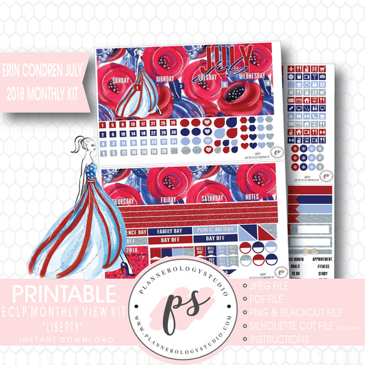Liberty Independence Day July 2018 Monthly View Kit Digital Printable Planner Stickers (for use with Erin Condren) - Plannerologystudio