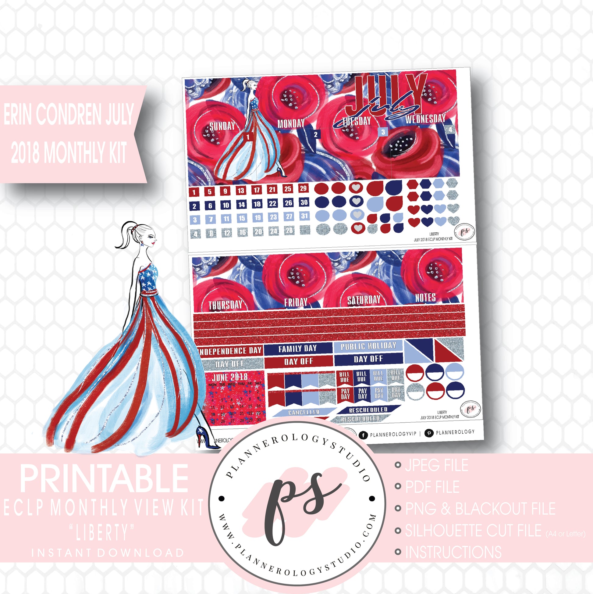 Liberty Independence Day July 2018 Monthly View Kit Digital Printable Planner Stickers (for use with Erin Condren) - Plannerologystudio