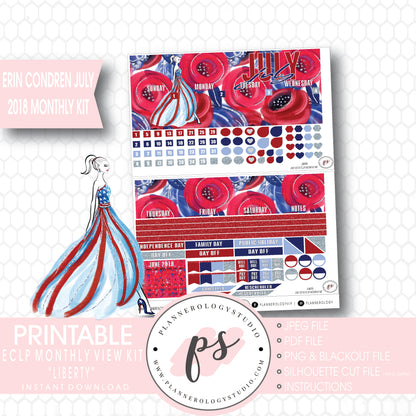 Liberty Independence Day July 2018 Monthly View Kit Digital Printable Planner Stickers (for use with Erin Condren) - Plannerologystudio