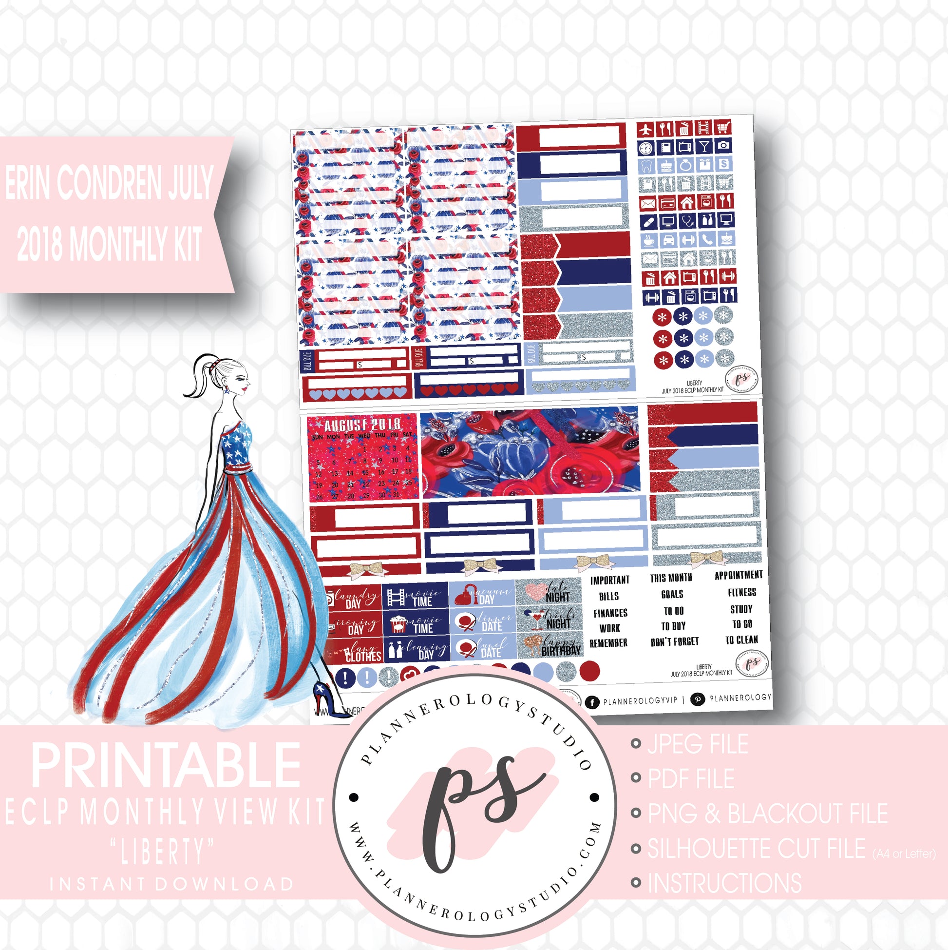 Liberty Independence Day July 2018 Monthly View Kit Digital Printable Planner Stickers (for use with Erin Condren) - Plannerologystudio