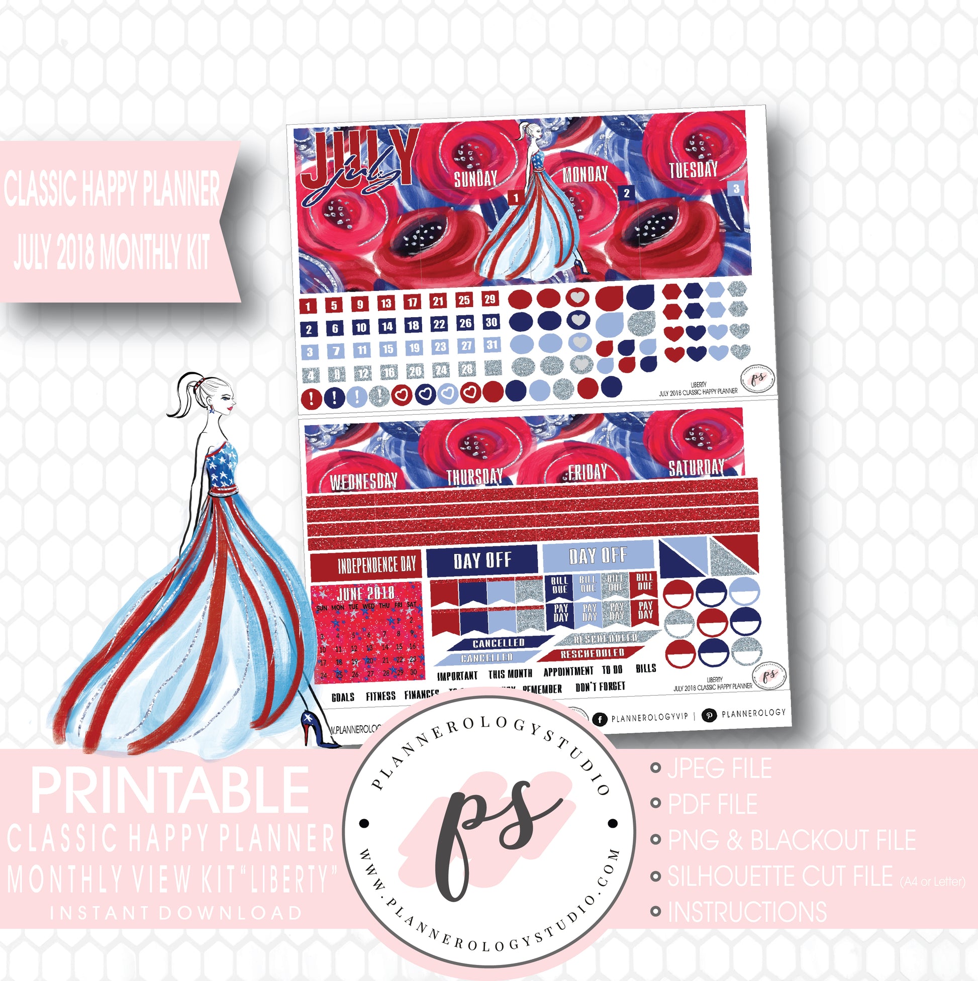 Liberty Independence Day July 2018 Monthly View Kit Digital Printable Planner Stickers (for use with Classic Happy Planner) - Plannerologystudio
