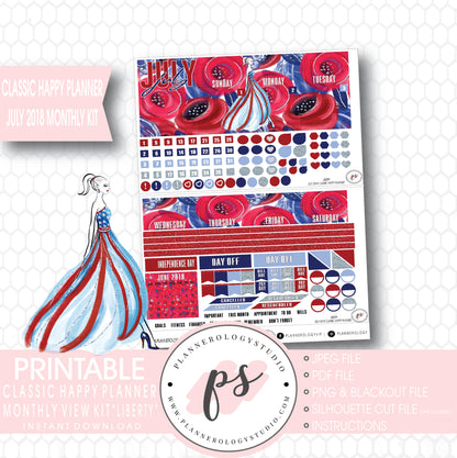 Liberty Independence Day July 2018 Monthly View Kit Digital Printable Planner Stickers (for use with Classic Happy Planner) - Plannerologystudio