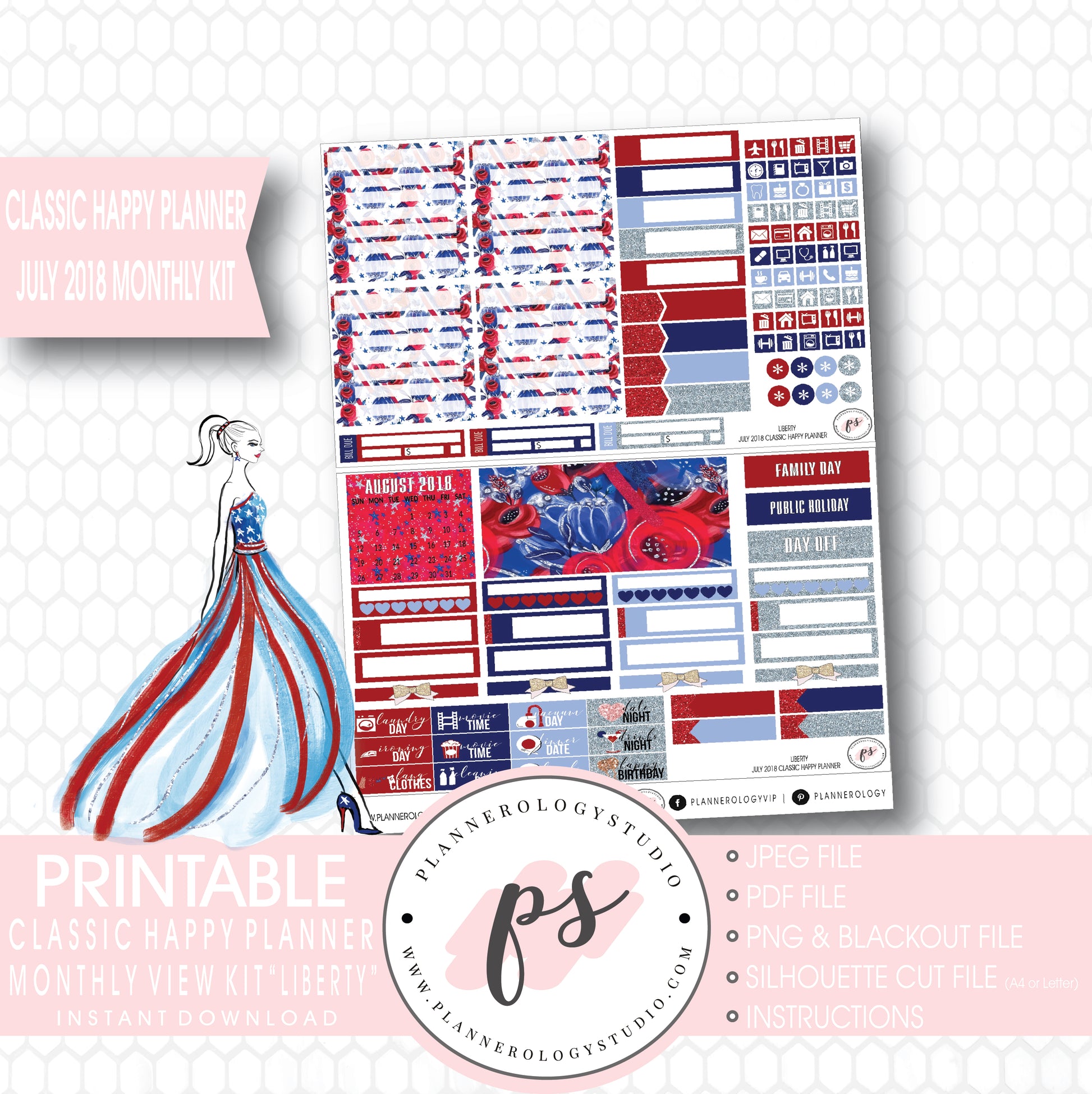 Liberty Independence Day July 2018 Monthly View Kit Digital Printable Planner Stickers (for use with Classic Happy Planner) - Plannerologystudio