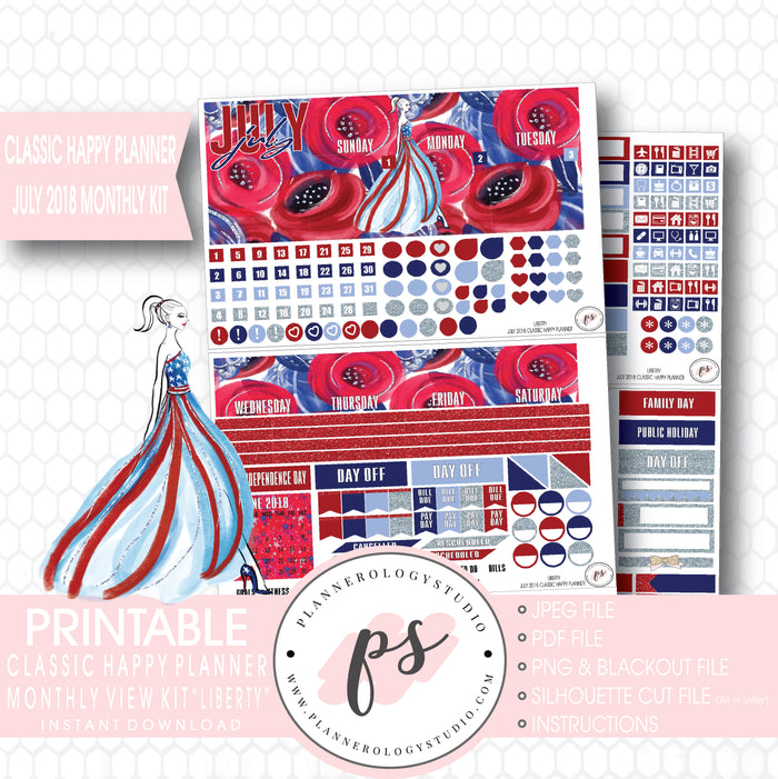 Liberty Independence Day July 2018 Monthly View Kit Digital Printable Planner Stickers (for use with Classic Happy Planner) - Plannerologystudio