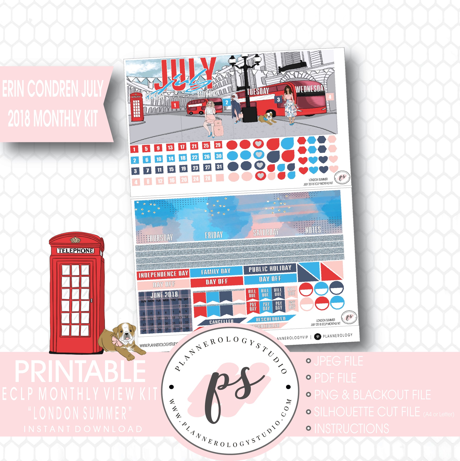 London Summer July 2018 Monthly View Kit Digital Printable Planner Stickers (for use with Erin Condren) - Plannerologystudio