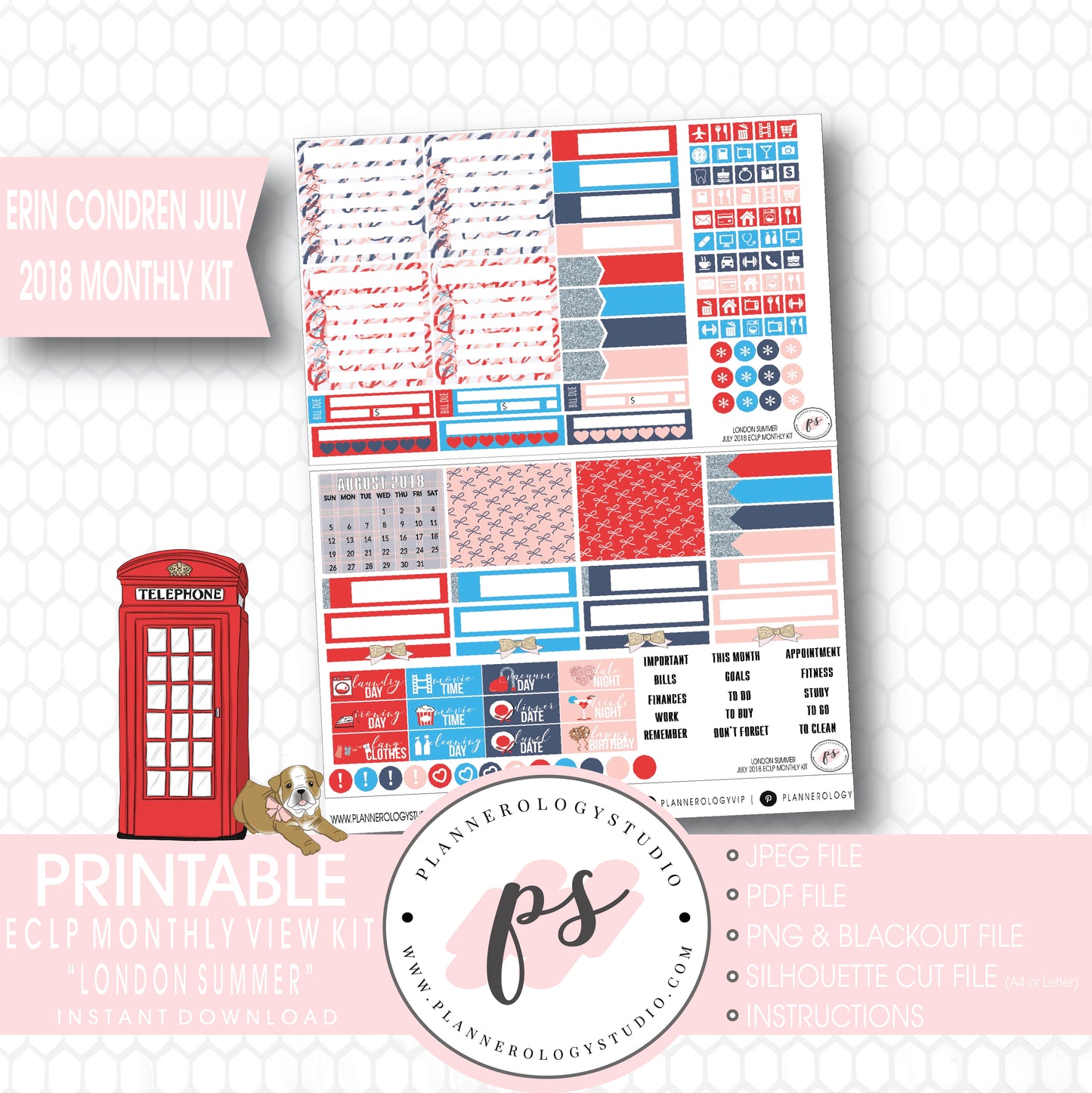 London Summer July 2018 Monthly View Kit Digital Printable Planner Stickers (for use with Erin Condren) - Plannerologystudio