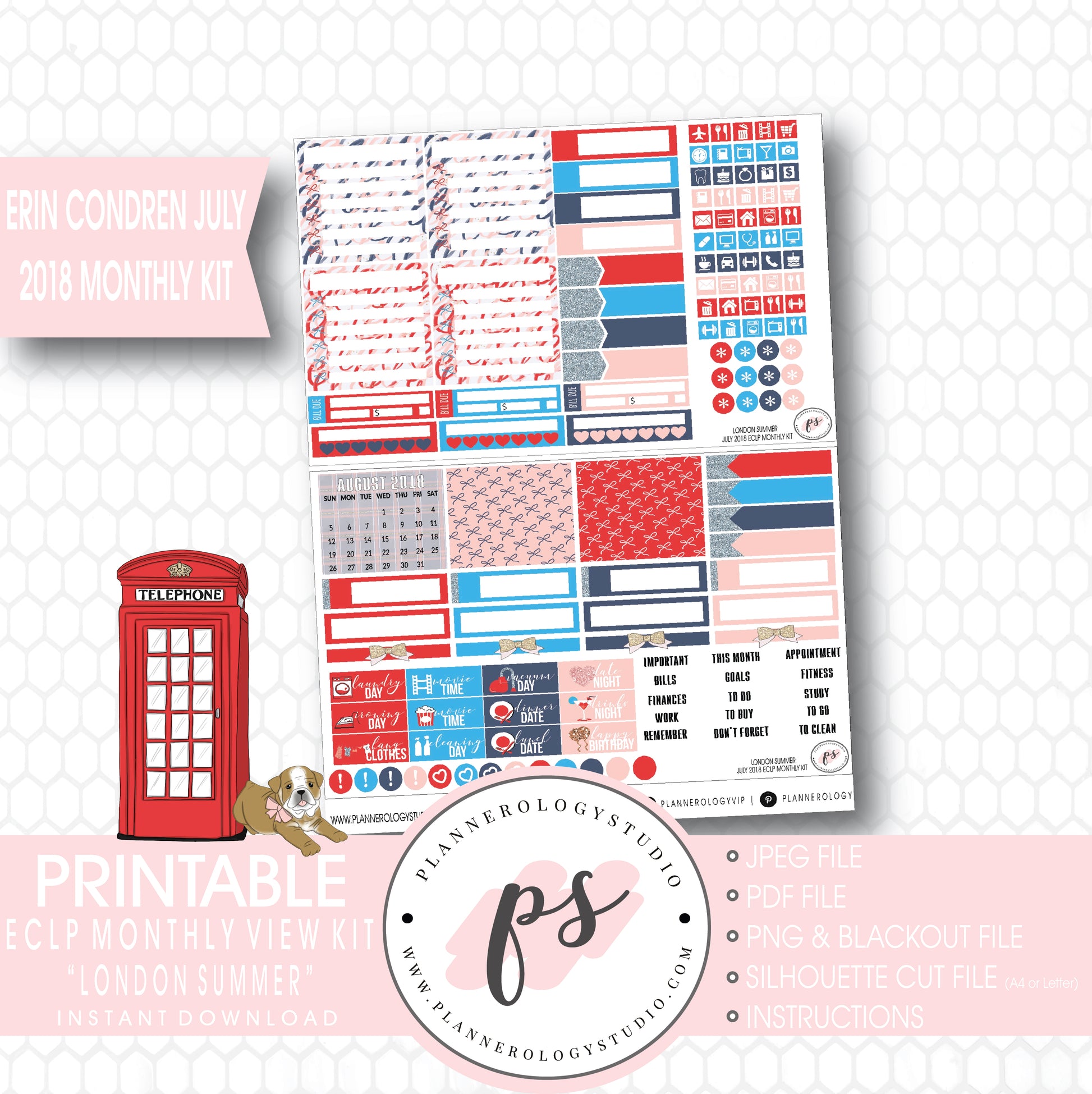 London Summer July 2018 Monthly View Kit Digital Printable Planner Stickers (for use with Erin Condren) - Plannerologystudio