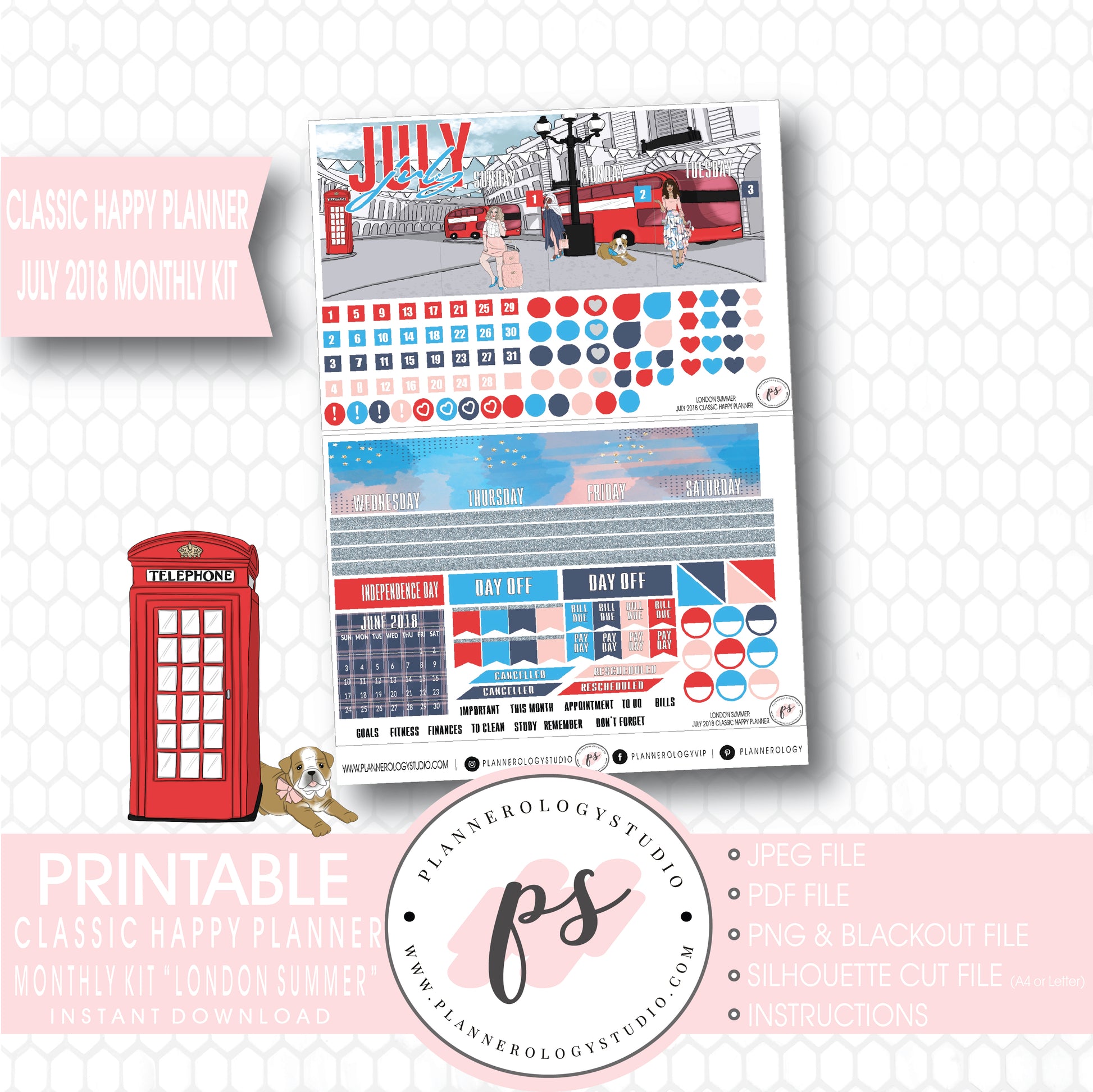 London Summer July 2018 Monthly View Kit Digital Printable Planner Stickers (for use with Classic Happy Planner) - Plannerologystudio