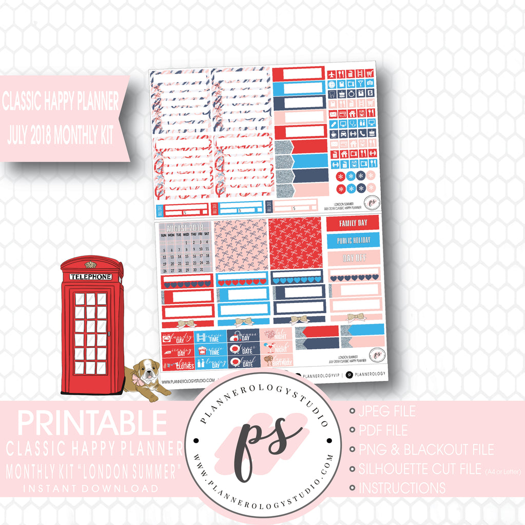 London Summer July 2018 Monthly View Kit Digital Printable Planner Stickers (for use with Classic Happy Planner) - Plannerologystudio