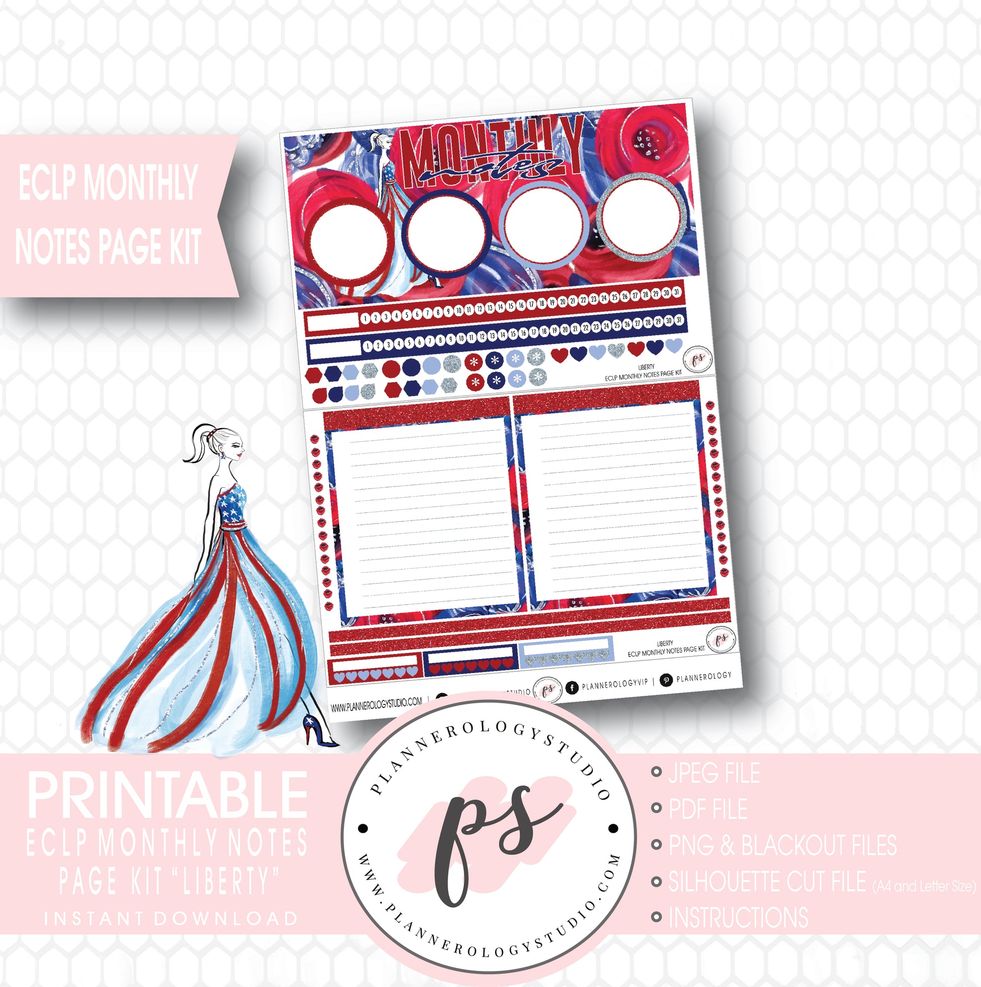 Liberty Independence Day Monthly Notes Page Kit Digital Printable Planner Stickers (for use with ECLP) - Plannerologystudio