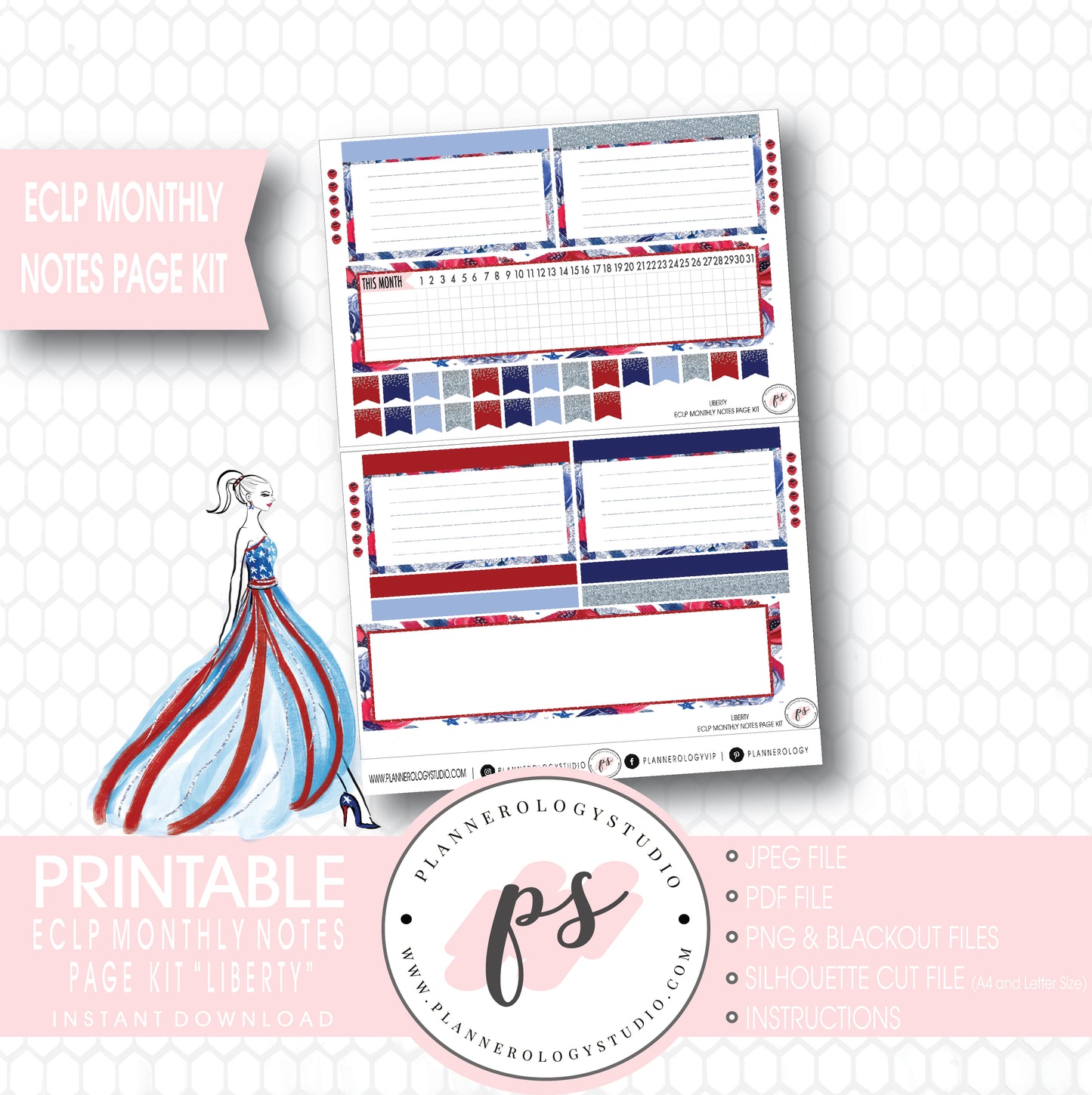 Liberty Independence Day Monthly Notes Page Kit Digital Printable Planner Stickers (for use with ECLP) - Plannerologystudio