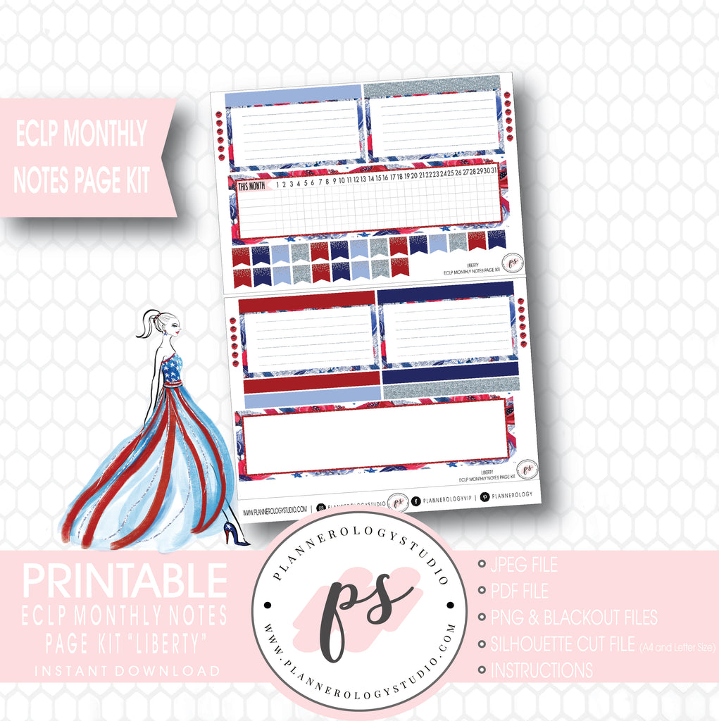 Liberty Independence Day Monthly Notes Page Kit Digital Printable Planner Stickers (for use with ECLP) - Plannerologystudio
