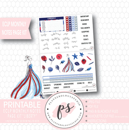 Liberty Independence Day Monthly Notes Page Kit Digital Printable Planner Stickers (for use with ECLP) - Plannerologystudio