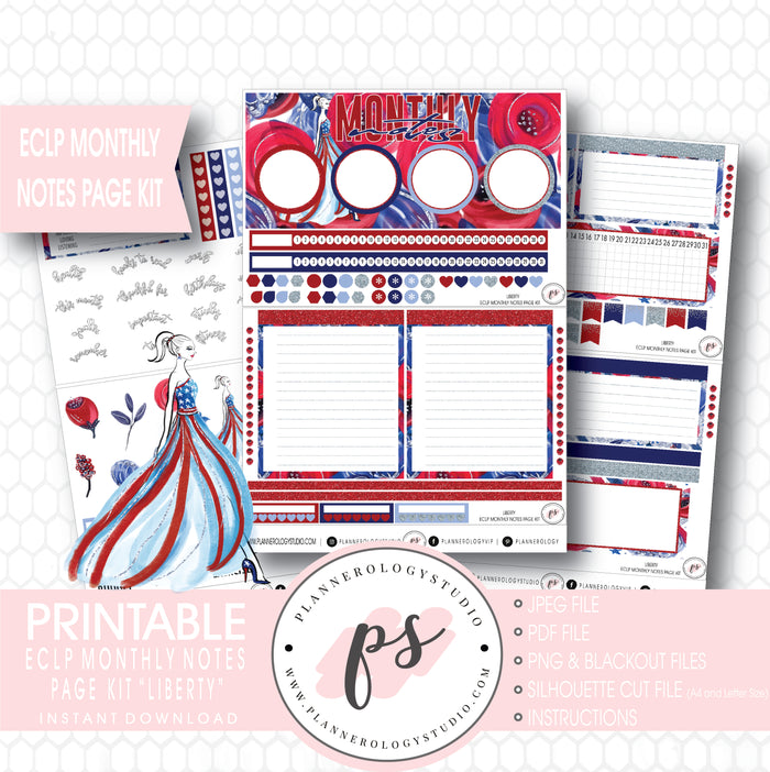 Liberty Independence Day Monthly Notes Page Kit Digital Printable Planner Stickers (for use with ECLP) - Plannerologystudio