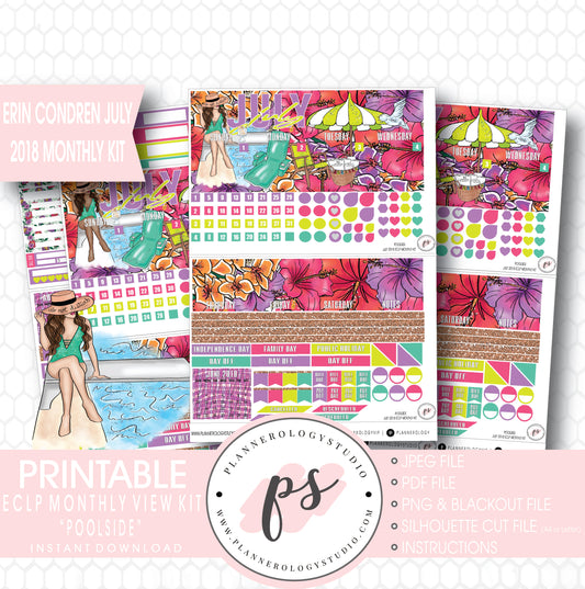Poolside Summer July 2018 Monthly View Kit Digital Printable Planner Stickers (for use with Erin Condren) - Plannerologystudio