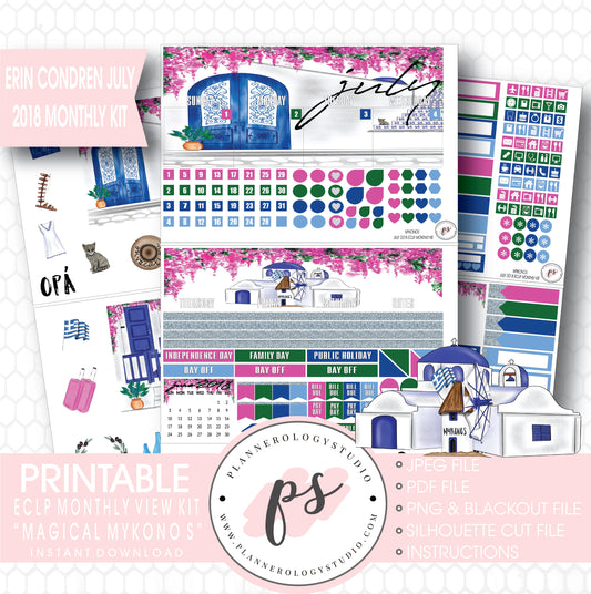 Magical Mykonos July 2018 Monthly View Kit Digital Printable Planner Stickers (for use with Erin Condren) - Plannerologystudio