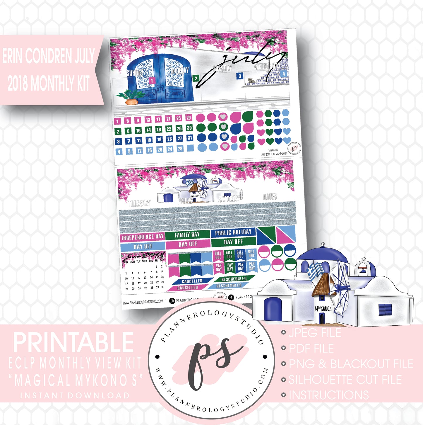Magical Mykonos July 2018 Monthly View Kit Digital Printable Planner Stickers (for use with Erin Condren) - Plannerologystudio