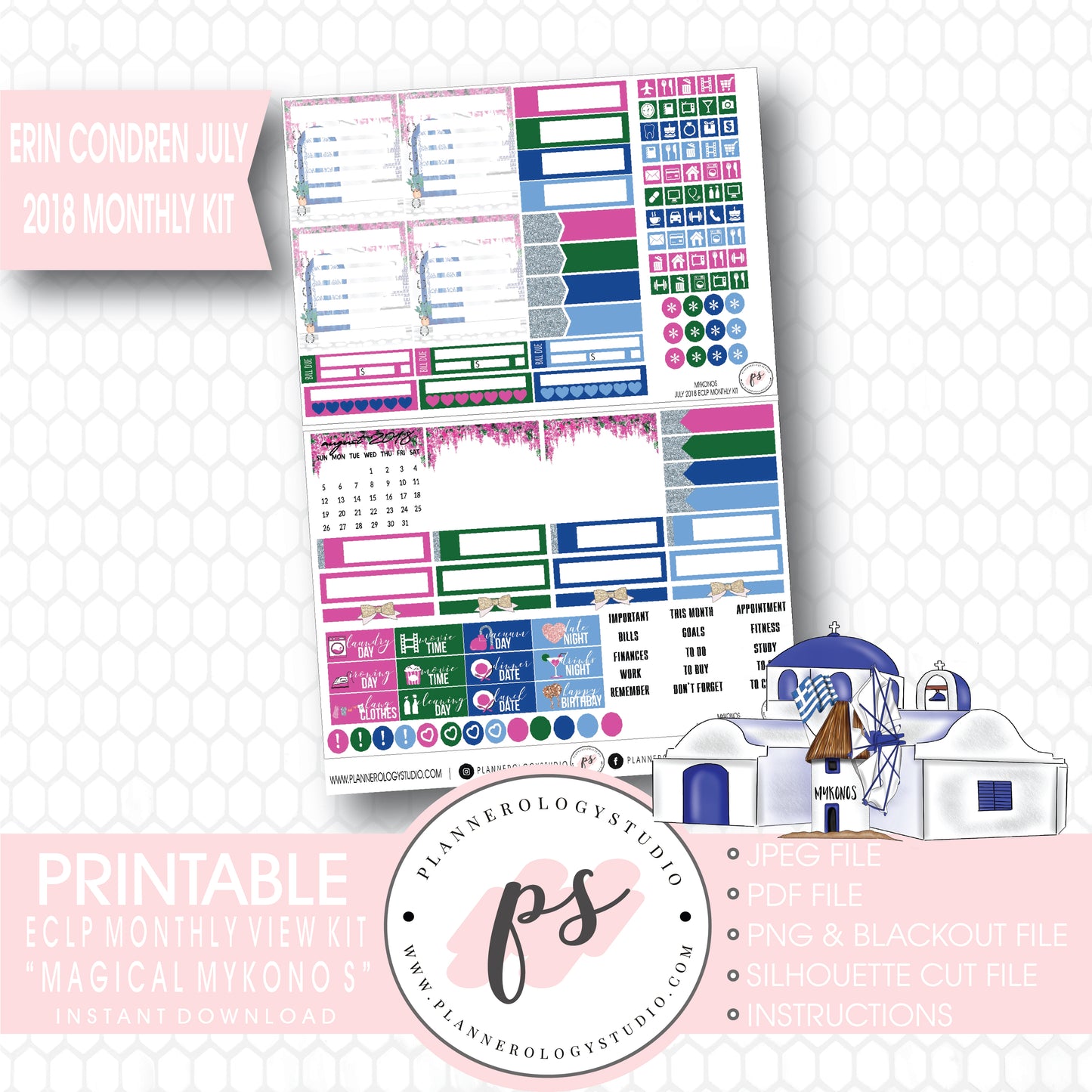 Magical Mykonos July 2018 Monthly View Kit Digital Printable Planner Stickers (for use with Erin Condren) - Plannerologystudio