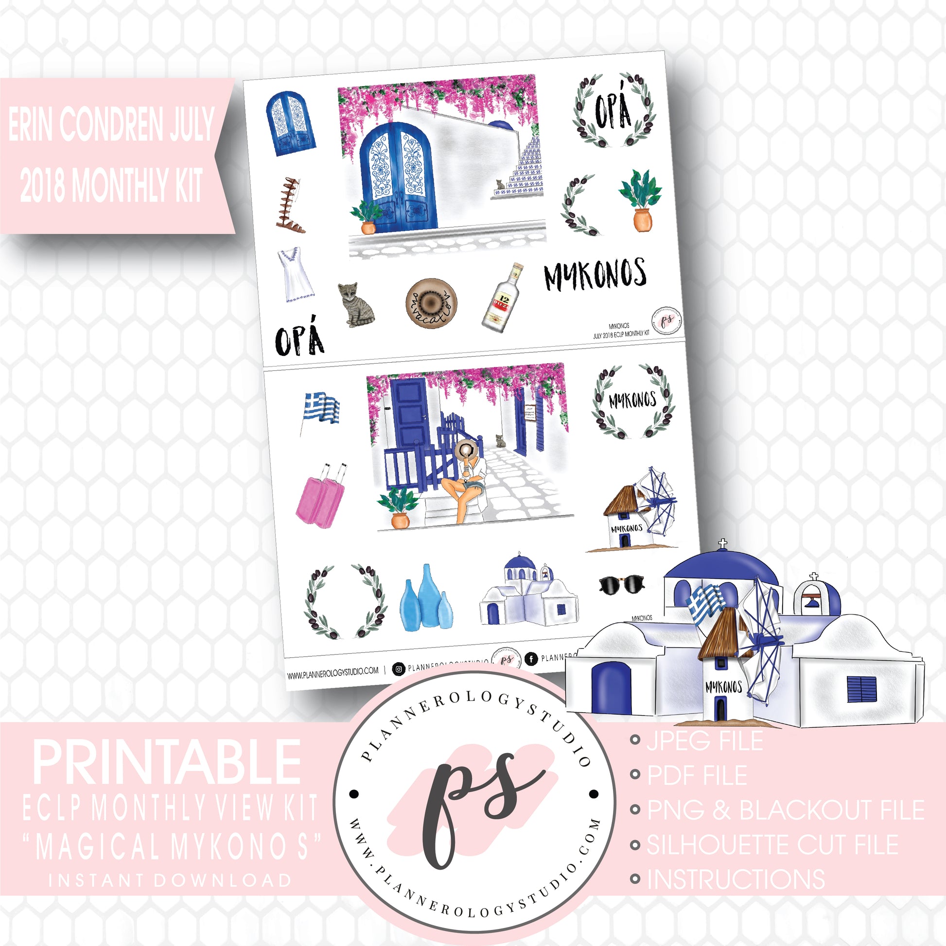 Magical Mykonos July 2018 Monthly View Kit Digital Printable Planner Stickers (for use with Erin Condren) - Plannerologystudio