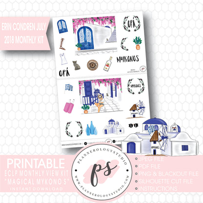 Magical Mykonos July 2018 Monthly View Kit Digital Printable Planner Stickers (for use with Erin Condren) - Plannerologystudio