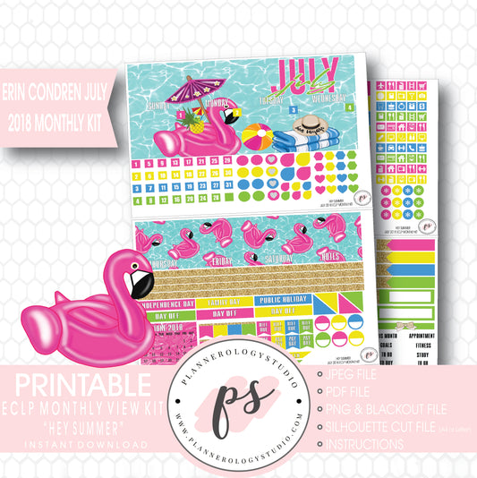 Hey Summer July 2018 Monthly View Kit Digital Printable Planner Stickers (for use with Erin Condren) - Plannerologystudio