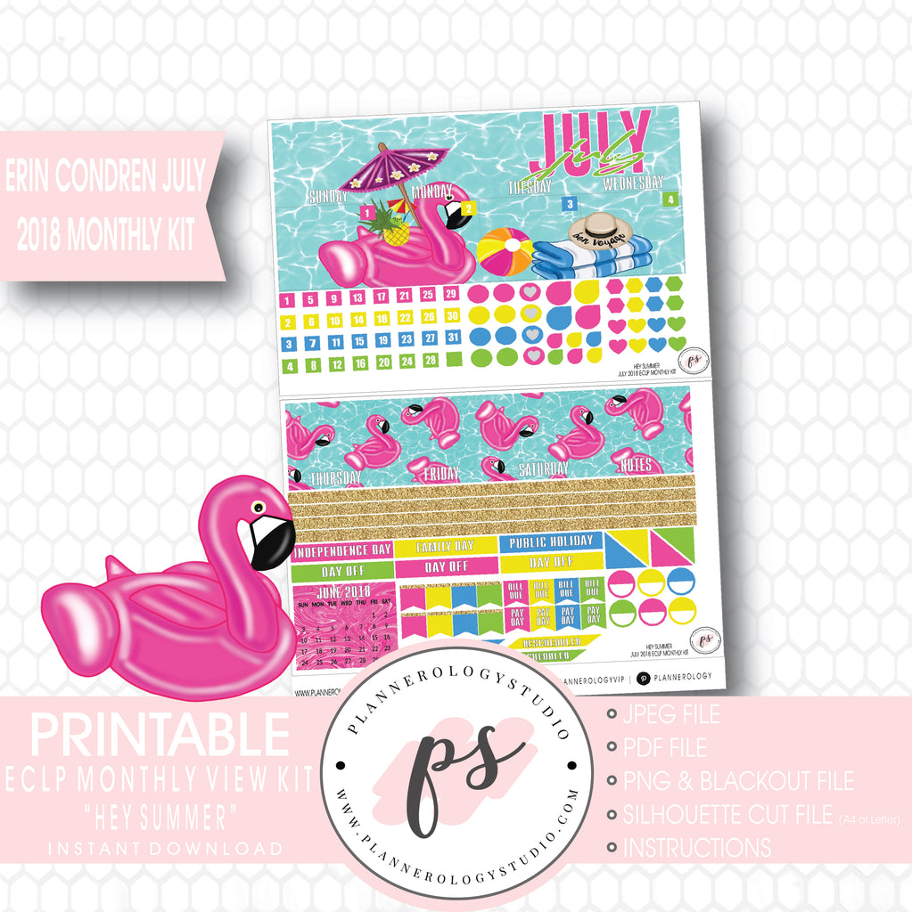 Hey Summer July 2018 Monthly View Kit Digital Printable Planner Stickers (for use with Erin Condren) - Plannerologystudio