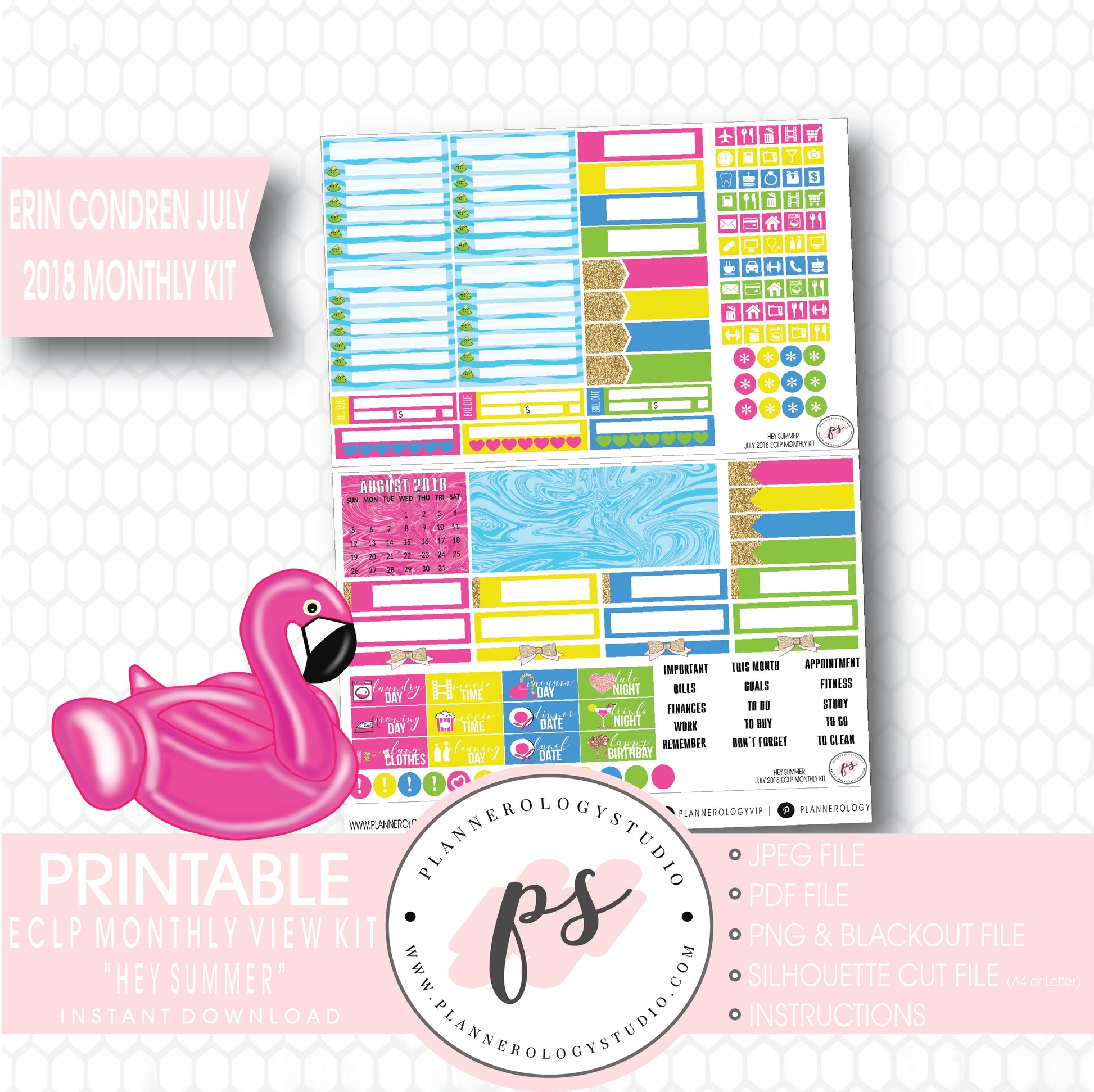 Hey Summer July 2018 Monthly View Kit Digital Printable Planner Stickers (for use with Erin Condren) - Plannerologystudio