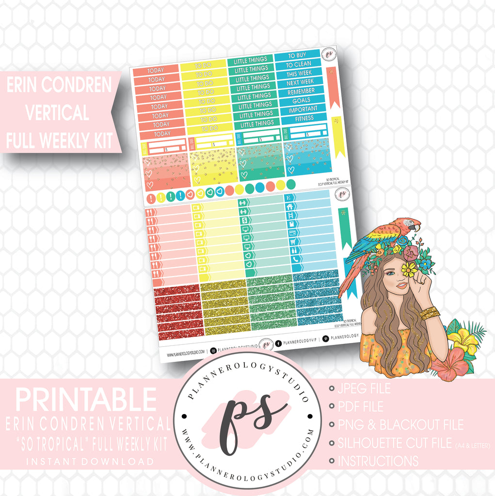 So Tropical Full Weekly Kit Printable Planner Stickers (for use with ECLP Vertical) - Plannerologystudio