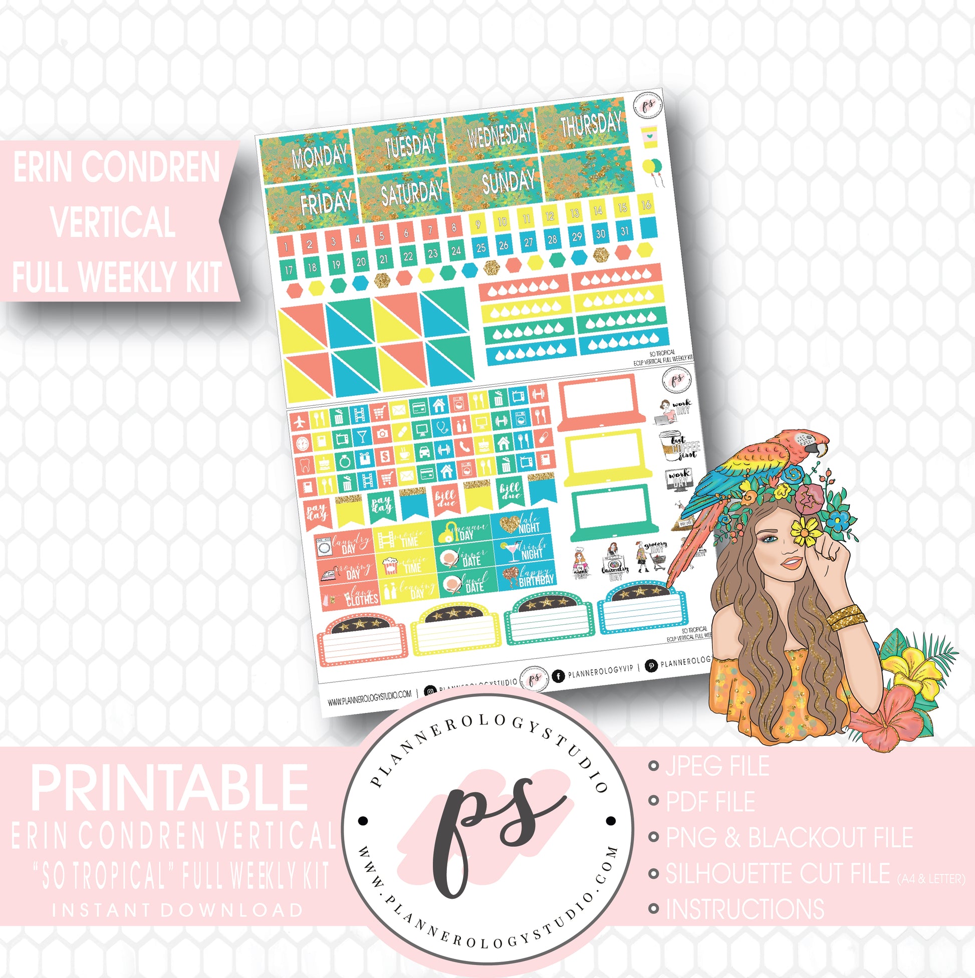 So Tropical Full Weekly Kit Printable Planner Stickers (for use with ECLP Vertical) - Plannerologystudio