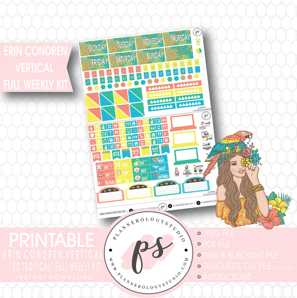 So Tropical Full Weekly Kit Printable Planner Stickers (for use with ECLP Vertical) - Plannerologystudio