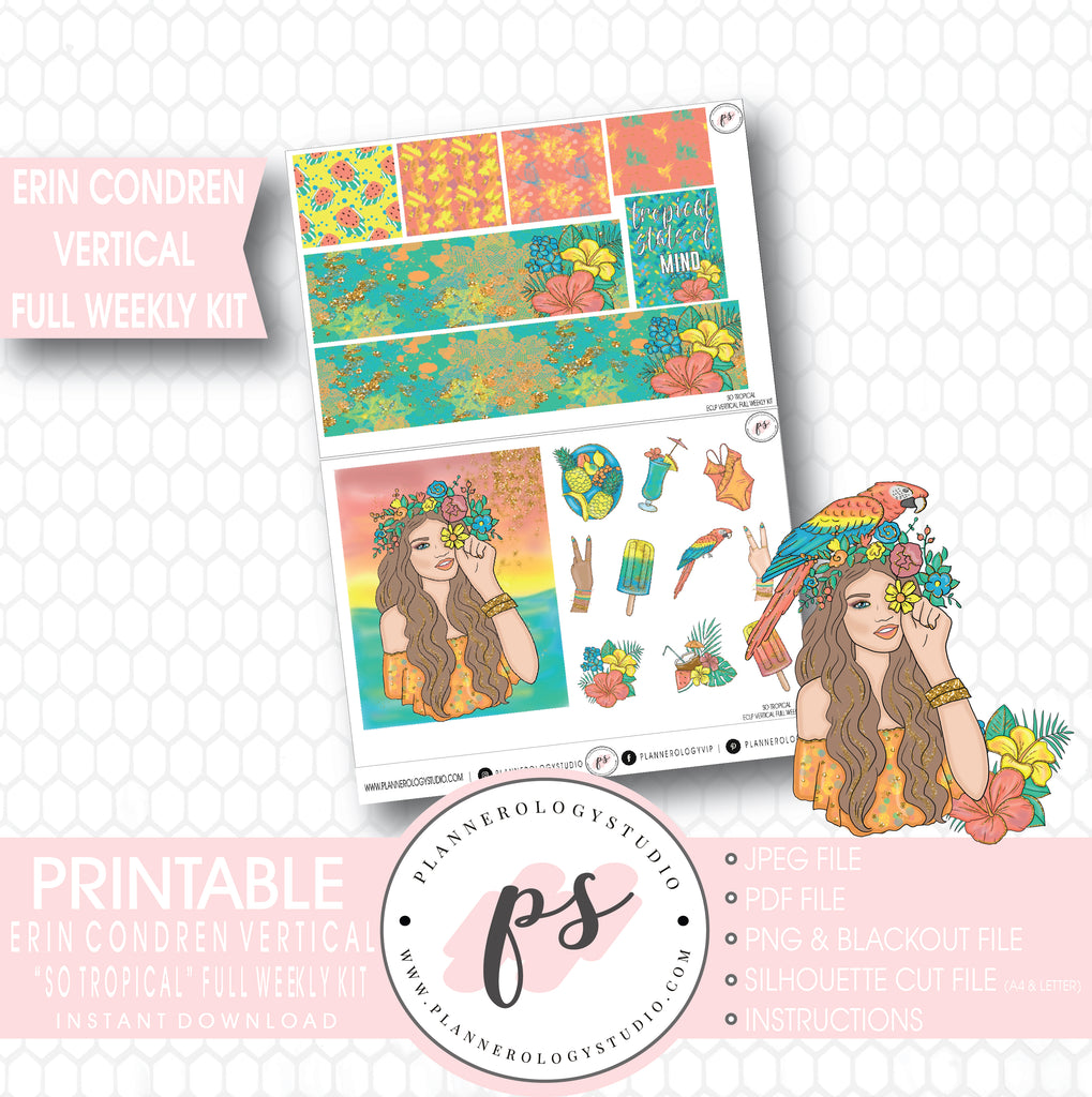 So Tropical Full Weekly Kit Printable Planner Stickers (for use with ECLP Vertical) - Plannerologystudio