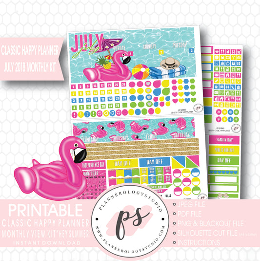 Hey Summer July 2018 Monthly View Kit Digital Printable Planner Stickers (for use with Classic Happy Planner) - Plannerologystudio