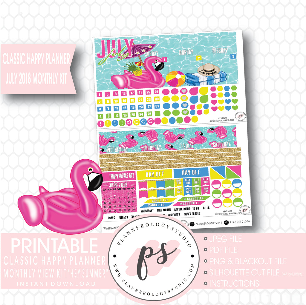 Hey Summer July 2018 Monthly View Kit Digital Printable Planner Stickers (for use with Classic Happy Planner) - Plannerologystudio
