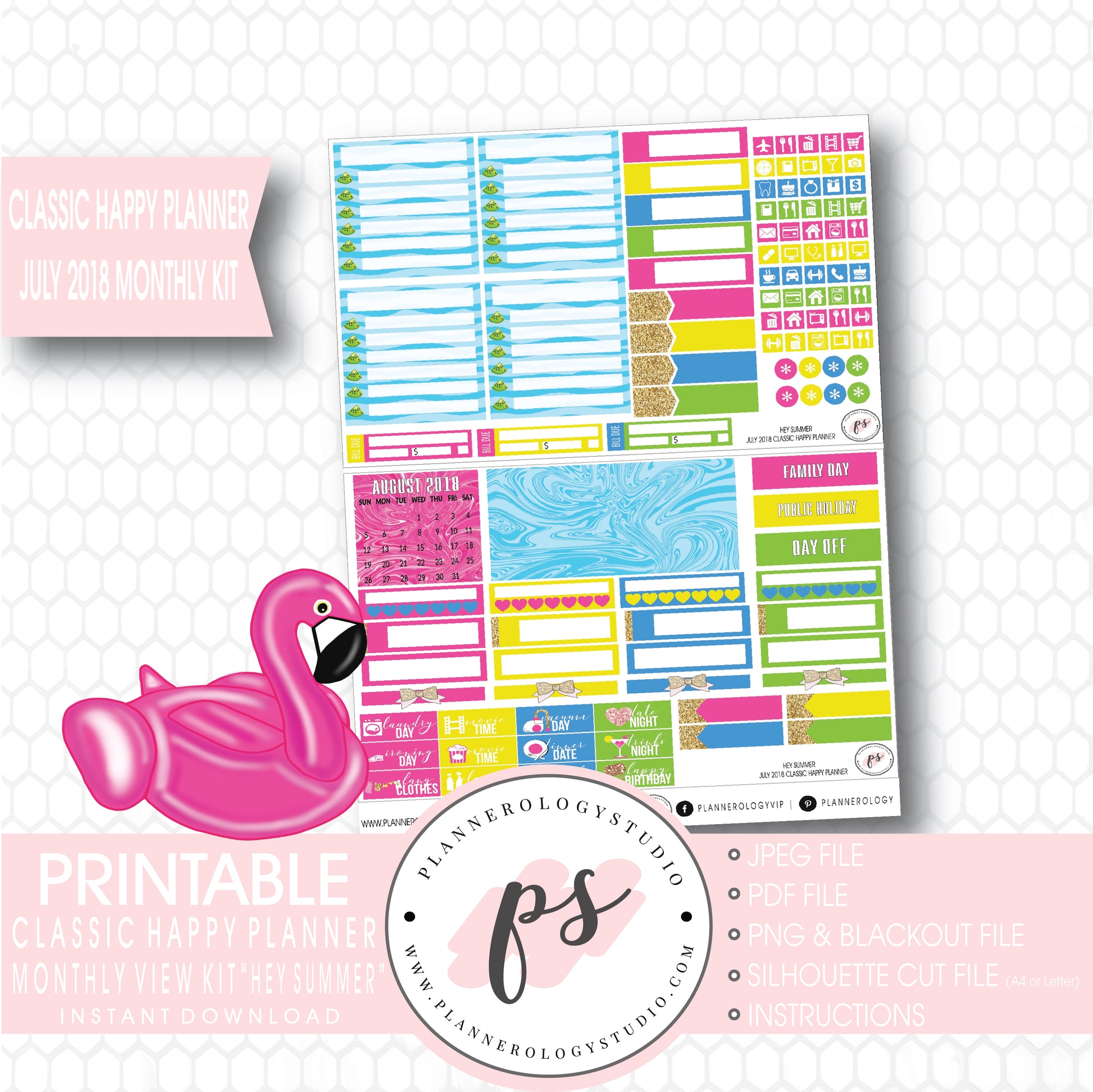 Hey Summer July 2018 Monthly View Kit Digital Printable Planner Stickers (for use with Classic Happy Planner) - Plannerologystudio