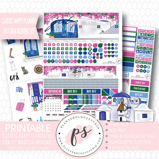 Magical Mykonos July 2018 Monthly View Kit Digital Printable Planner Stickers (for use with Classic Happy Planner) - Plannerologystudio