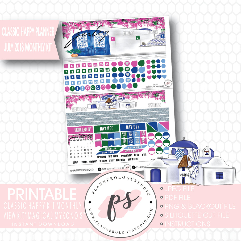 Magical Mykonos July 2018 Monthly View Kit Digital Printable Planner Stickers (for use with Classic Happy Planner) - Plannerologystudio