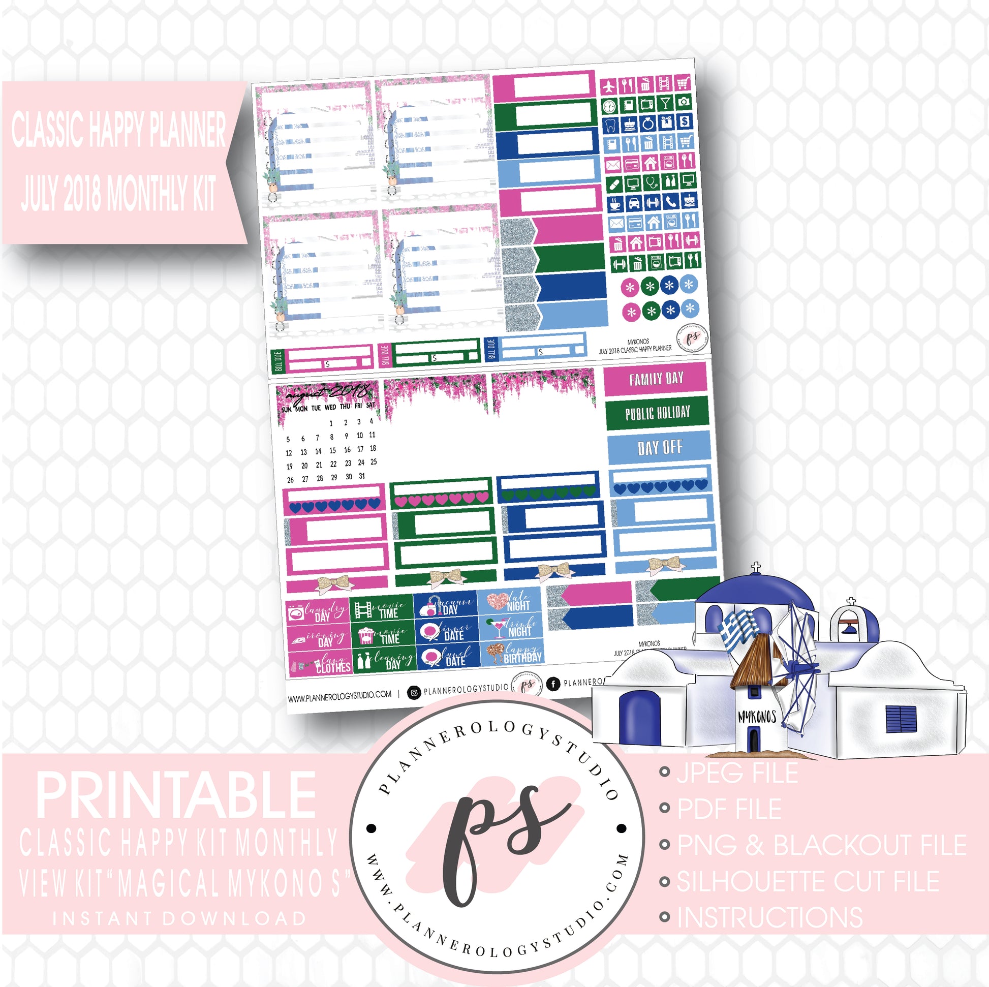 Magical Mykonos July 2018 Monthly View Kit Digital Printable Planner Stickers (for use with Classic Happy Planner) - Plannerologystudio