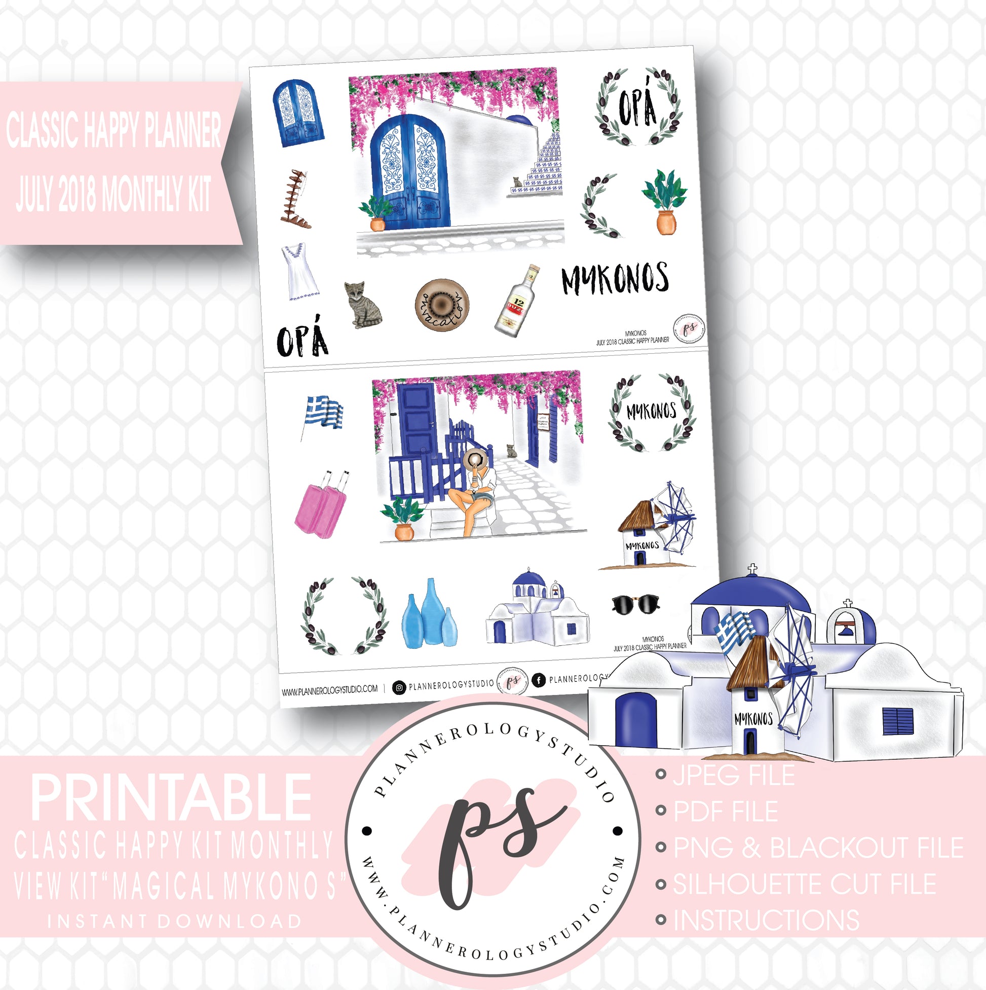 Magical Mykonos July 2018 Monthly View Kit Digital Printable Planner Stickers (for use with Classic Happy Planner) - Plannerologystudio