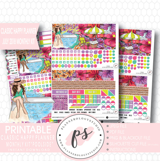 Poolside Summer July 2018 Monthly View Kit Digital Printable Planner Stickers (for use with Classic Happy Planner) - Plannerologystudio