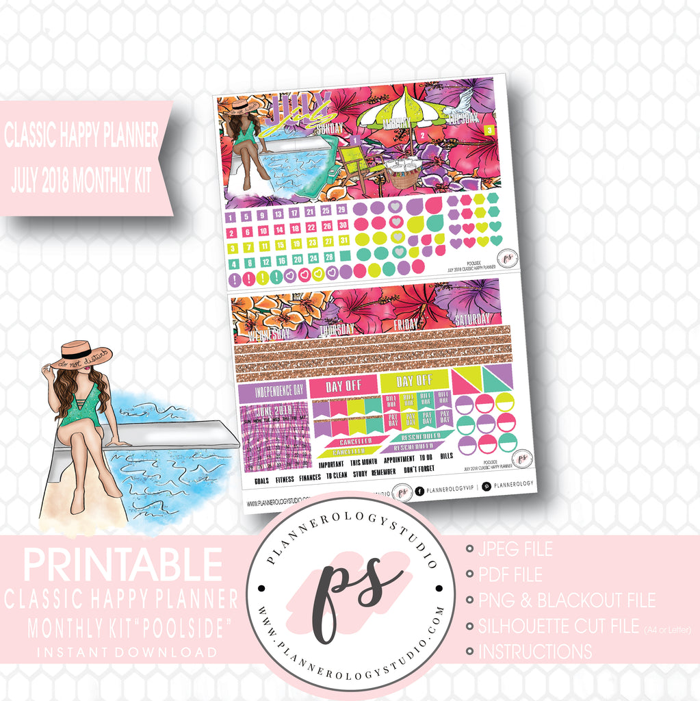Poolside Summer July 2018 Monthly View Kit Digital Printable Planner Stickers (for use with Classic Happy Planner) - Plannerologystudio