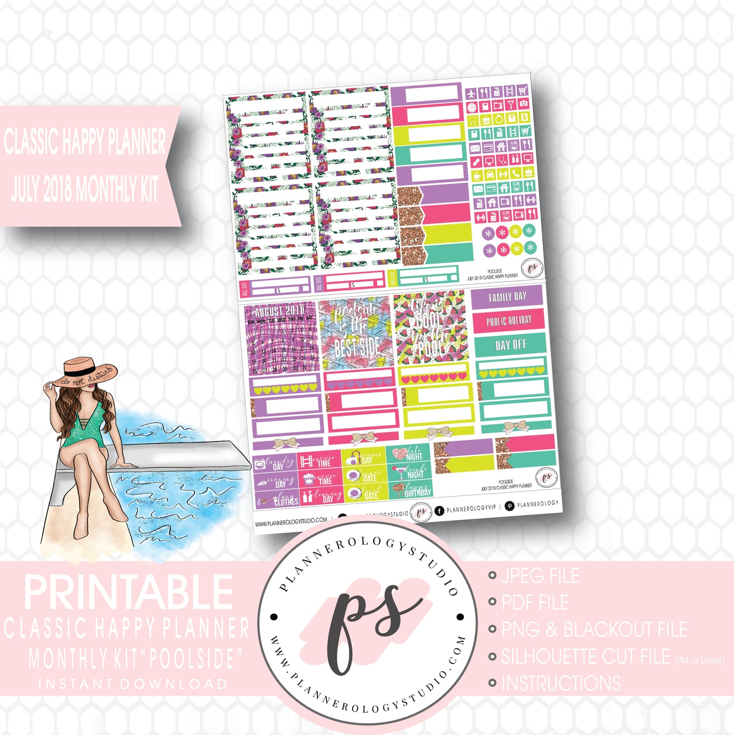 Poolside Summer July 2018 Monthly View Kit Digital Printable Planner Stickers (for use with Classic Happy Planner) - Plannerologystudio