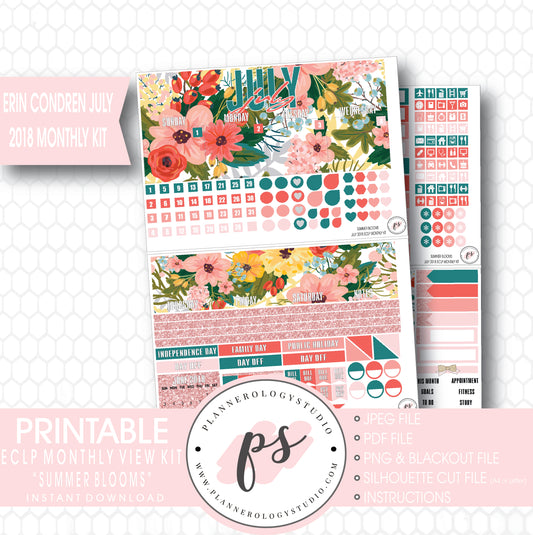 Summer Blooms July 2018 Monthly View Kit Digital Printable Planner Stickers (for use with Erin Condren) - Plannerologystudio