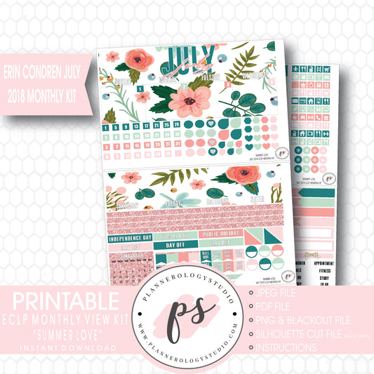 Summer Love July 2018 Monthly View Kit Digital Printable Planner Stickers (for use with Erin Condren) - Plannerologystudio